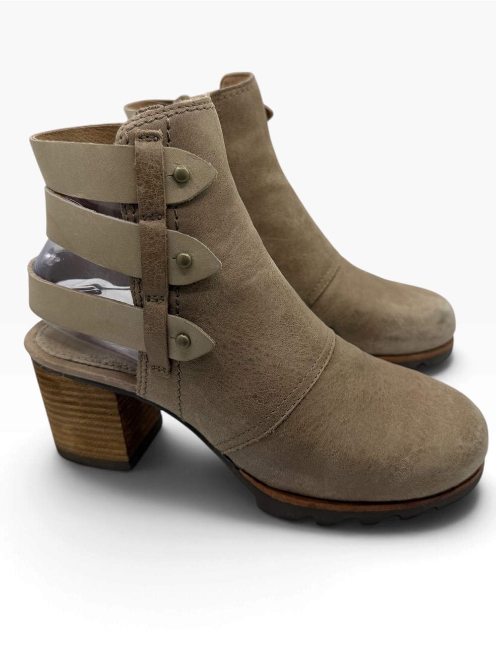 Sorel Taupe Leather Cutout Strap Ankle Booties - Size 6